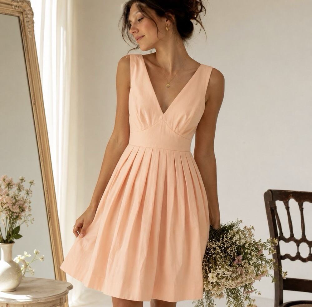 J.Crew Blk Label Pink Viscose Ctn Fit & Flare V-Neck Pleated Empire Wst Dress 6P